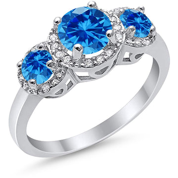 Three Stone Simulated Blue Topaz CZ Wedding Ring 925 Sterling Silver